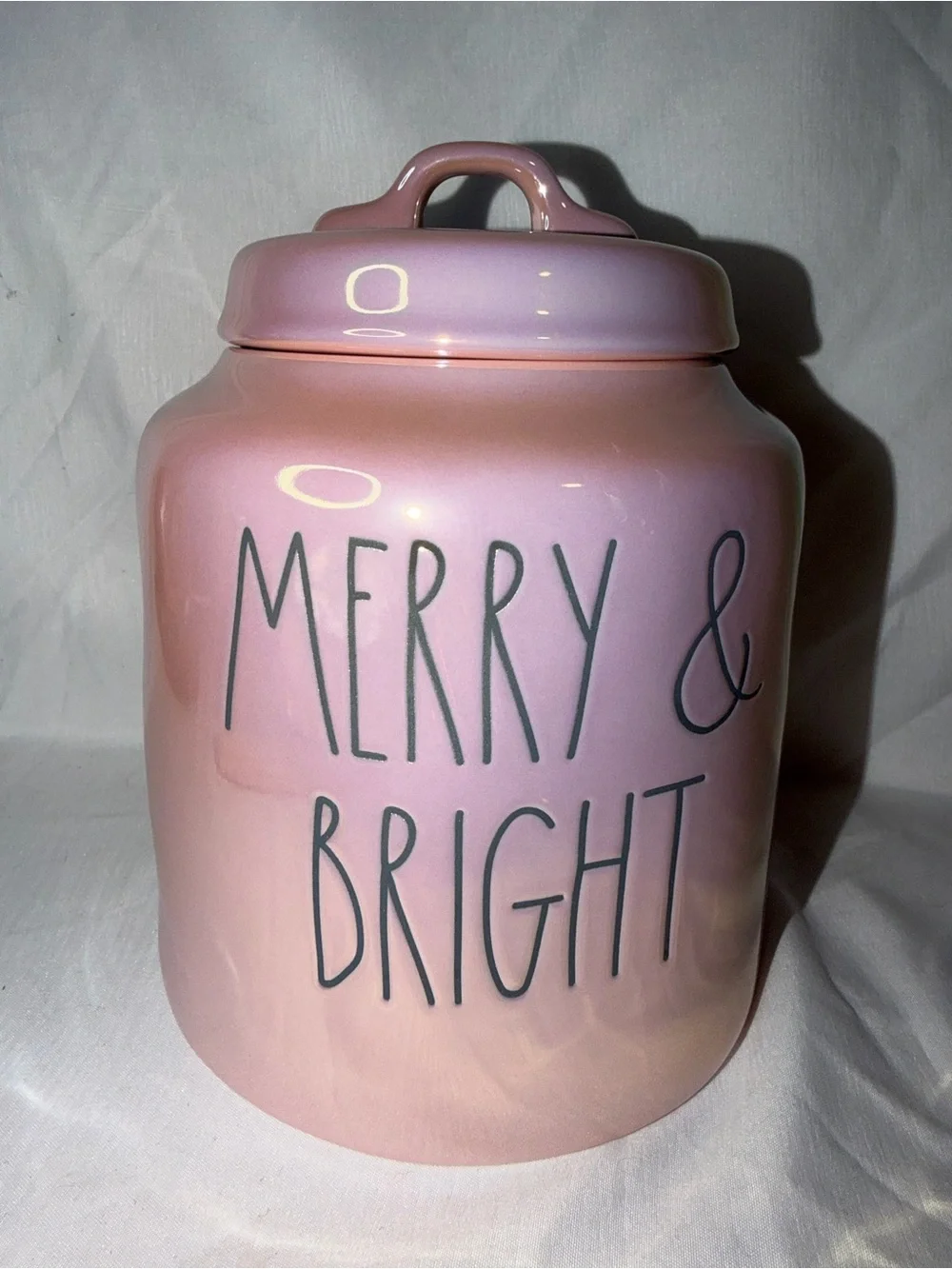 Rae Dunn Pink Iridescent Merry & Bright Canister Cookie Jar Christmas Decor